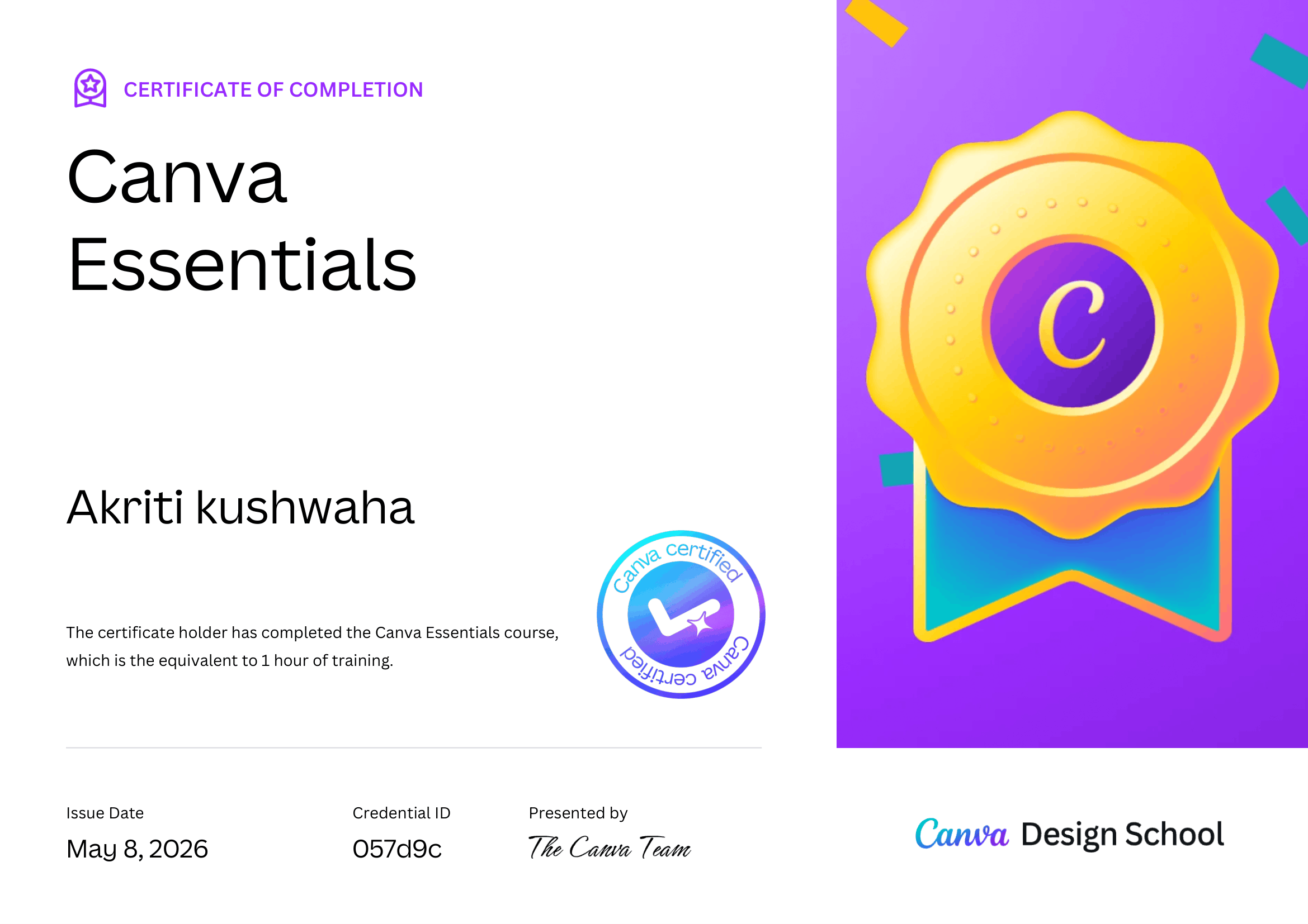 Canva Essentials certificate